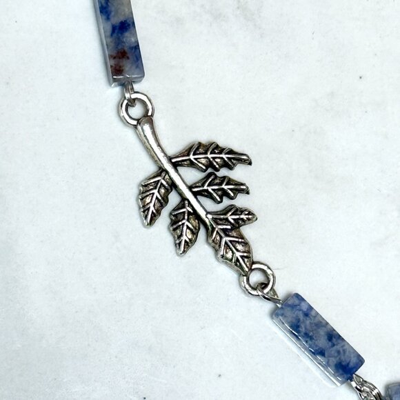 Genuine Blue White Sodalite Matinee Necklace, Gemstone & Leaf Branch Pendant - Picture 6 of 14